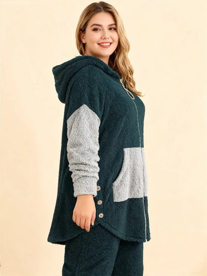 Plus Size Warm Contrasting Sweater Set On Sale Clearance Hooded Zip-Up Package Cardigan Drawstring Long Pants With Elastic Cuffs