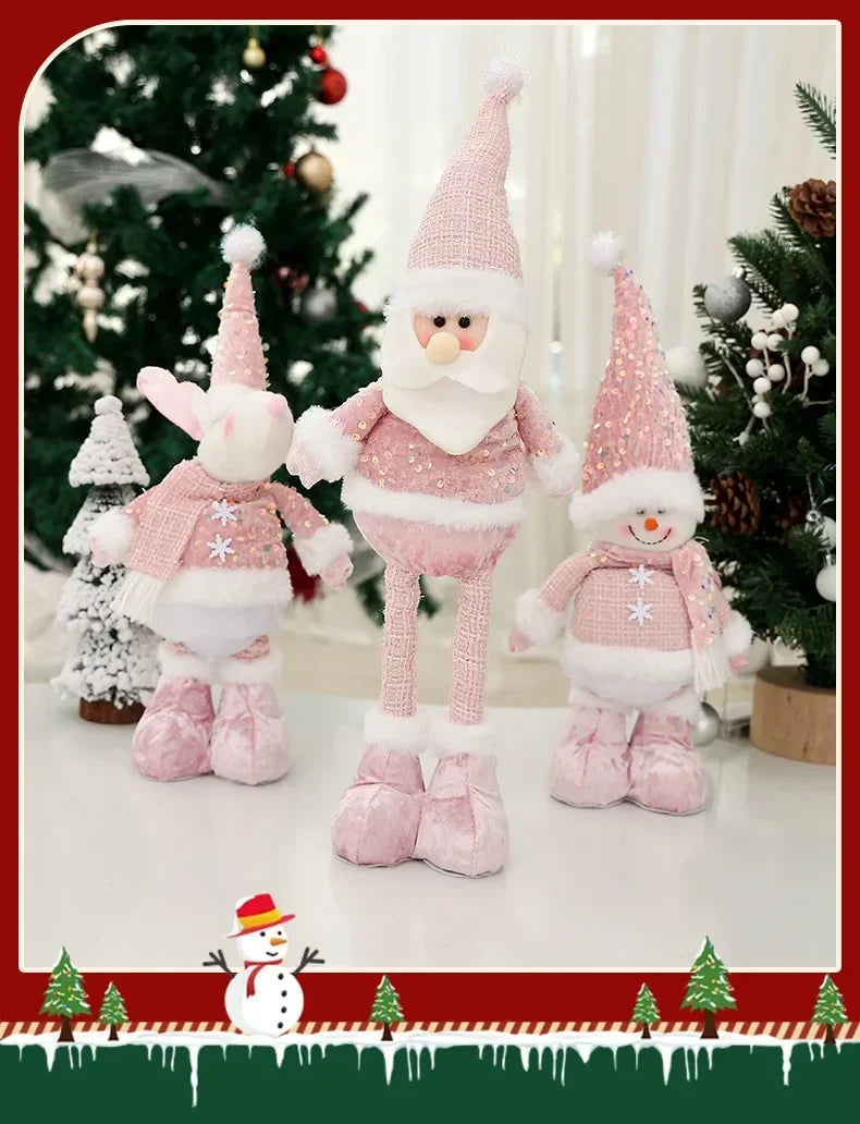 Christmas Adjustable Standing Santa and Snowman Pink Sequin Plush Doll Cute Holiday Decoration for Home Festive Ornament