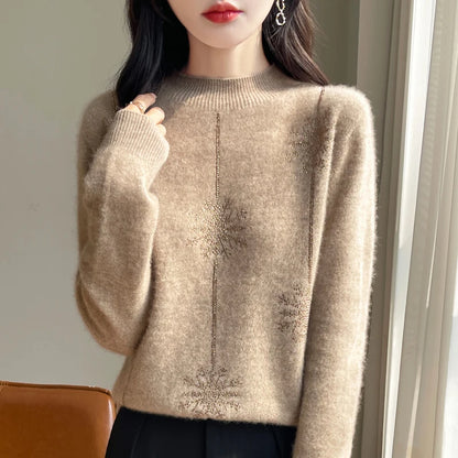 Women Sweater Christmas Style Mock Neck Long Sleeve Autumn Winter Thick Warm Pullovers Knitted Loose Bottoming Shirts Red Jumper
