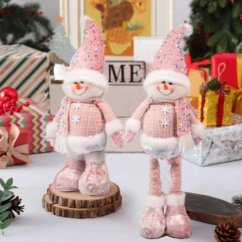 Christmas Adjustable Standing Santa and Snowman Pink Sequin Plush Doll Cute Holiday Decoration for Home Festive Ornament