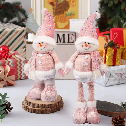 Christmas Adjustable Standing Santa and Snowman Pink Sequin Plush Doll Cute Holiday Decoration for Home Festive Ornament
