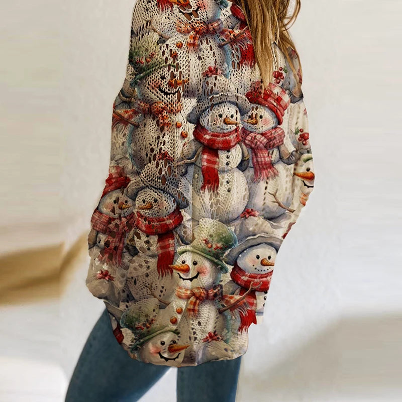 New Santa Claus Snowman Print Sweater Women O Neck Long Sleeve Christmas Sweaters For Women Fashion Hollow Out Knitted Jumper