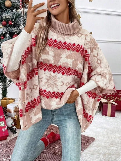 Turtleneck Christmas Sweater Elk Contrast Pattern Bat Sleeve Sweater Winter Clothes Woman Pulls Femmes Comfortable Casual Trendy