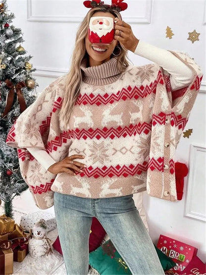 Turtleneck Christmas Sweater Elk Contrast Pattern Bat Sleeve Sweater Winter Clothes Woman Pulls Femmes Comfortable Casual Trendy