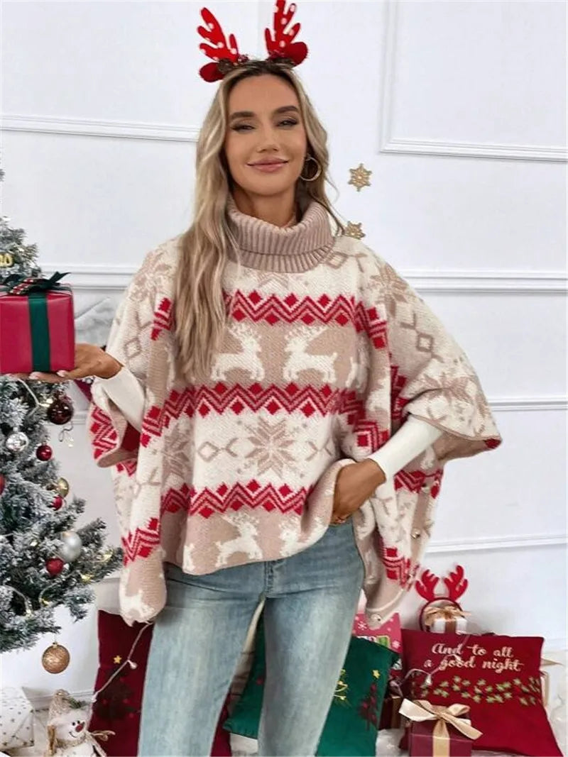 Turtleneck Christmas Sweater Elk Contrast Pattern Bat Sleeve Sweater Winter Clothes Woman Pulls Femmes Comfortable Casual Trendy