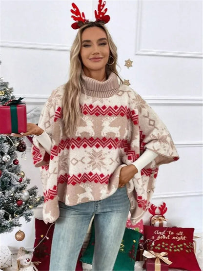 Turtleneck Christmas Sweater Elk Contrast Pattern Bat Sleeve Sweater Winter Clothes Woman Pulls Femmes Comfortable Casual Trendy