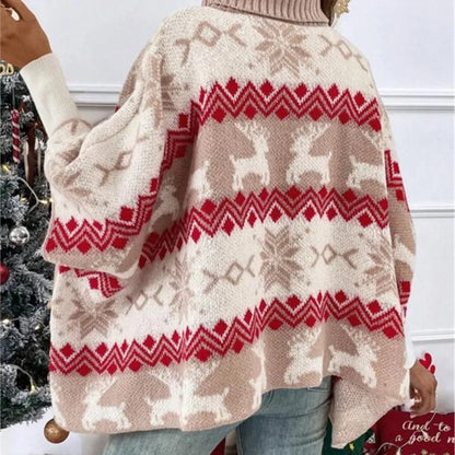 Turtleneck Christmas Sweater Elk Contrast Pattern Bat Sleeve Sweater Winter Clothes Woman Pulls Femmes Comfortable Casual Trendy