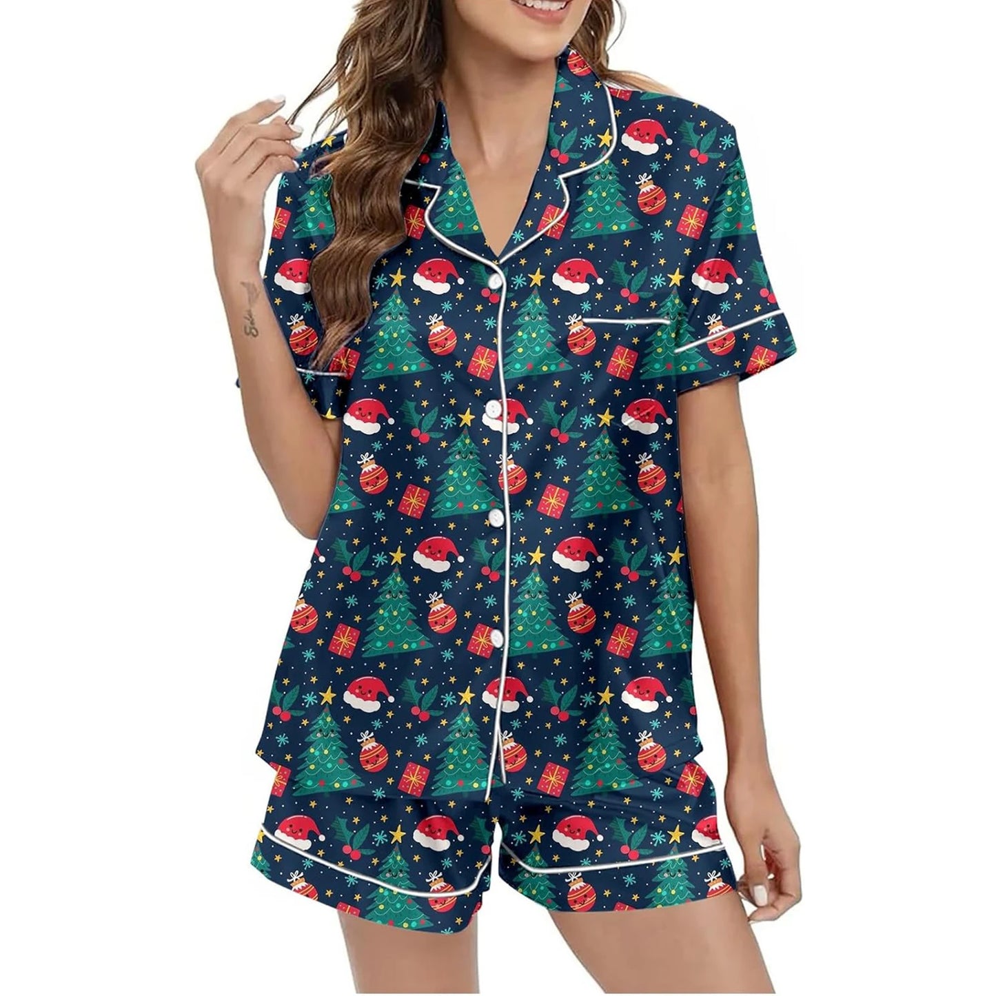 Women Christmas Pajamas Set, Santa Claus Tree Print Short Sleeve Button Closure Shirt with Shorts Sleepwear Loungewear