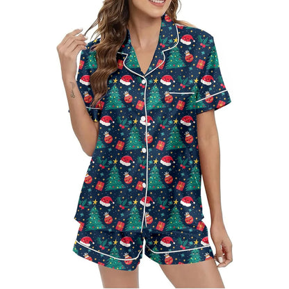 Women Christmas Pajamas Set, Santa Claus Tree Print Short Sleeve Button Closure Shirt with Shorts Sleepwear Loungewear