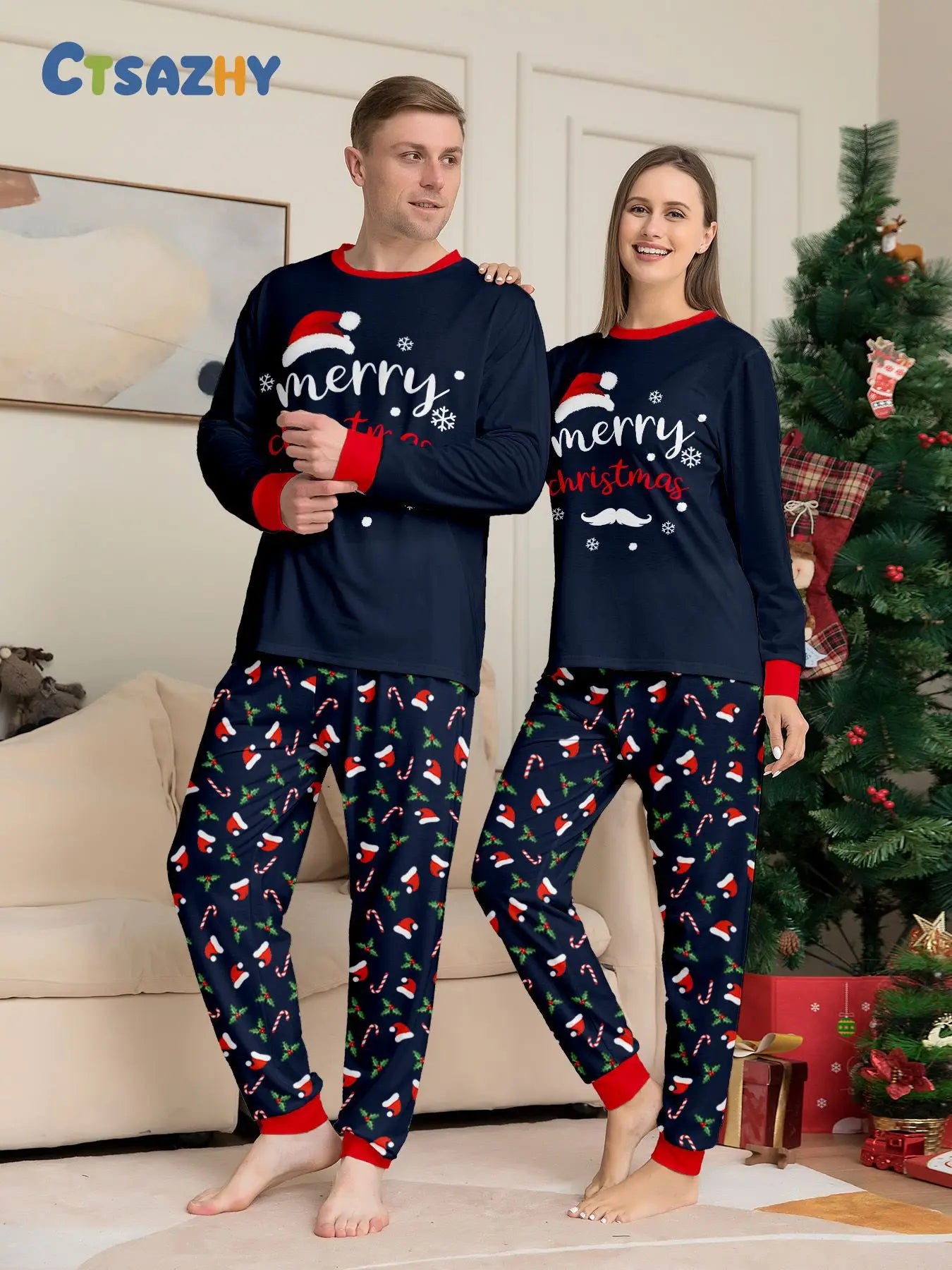Christmas Family Matching Outfits Mother Father Kids Pajamas Set Santa Hat Print Loose Xmas Sleepwear Baby Romper Dog Clothes