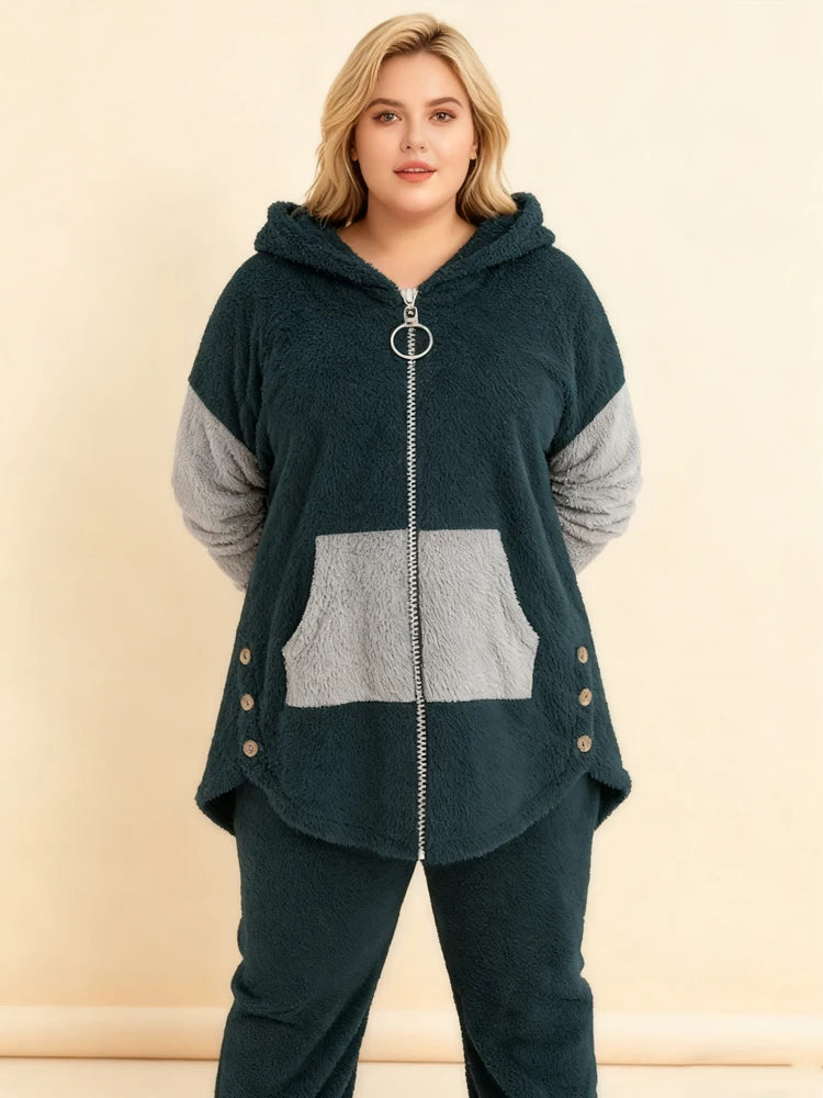 Plus Size Warm Contrasting Sweater Set On Sale Clearance Hooded Zip-Up Package Cardigan Drawstring Long Pants With Elastic Cuffs