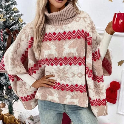 Turtleneck Christmas Sweater Elk Contrast Pattern Bat Sleeve Sweater Winter Clothes Woman Pulls Femmes Comfortable Casual Trendy