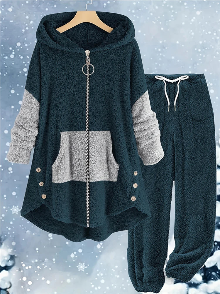 Plus Size Warm Contrasting Sweater Set On Sale Clearance Hooded Zip-Up Package Cardigan Drawstring Long Pants With Elastic Cuffs