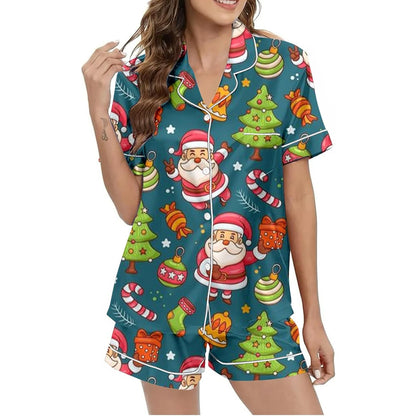 Women Christmas Pajamas Set, Santa Claus Tree Print Short Sleeve Button Closure Shirt with Shorts Sleepwear Loungewear
