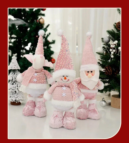 Christmas Adjustable Standing Santa and Snowman Pink Sequin Plush Doll Cute Holiday Decoration for Home Festive Ornament