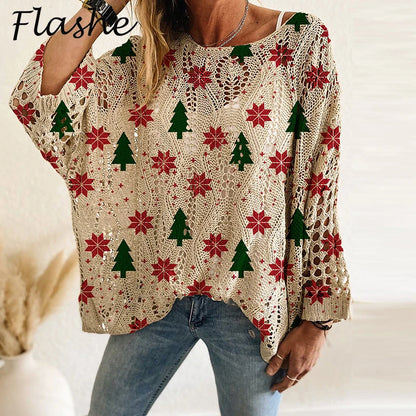 New Santa Claus Snowman Print Sweater Women O Neck Long Sleeve Christmas Sweaters For Women Fashion Hollow Out Knitted Jumper