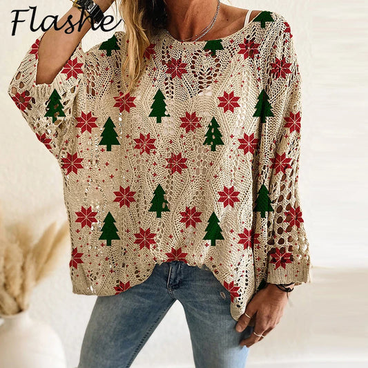 New Santa Claus Snowman Print Sweater Women O Neck Long Sleeve Christmas Sweaters For Women Fashion Hollow Out Knitted Jumper