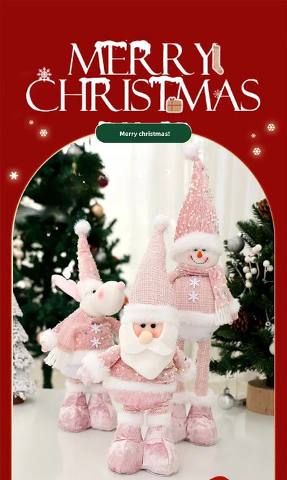 Christmas Adjustable Standing Santa and Snowman Pink Sequin Plush Doll Cute Holiday Decoration for Home Festive Ornament