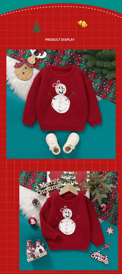 Toddler Kids Clothes Christmas Sweater for Girls Hand Embroidered Snowman Pattern Knit Top 3-6Y Kids Boys Festive Winter Outfit