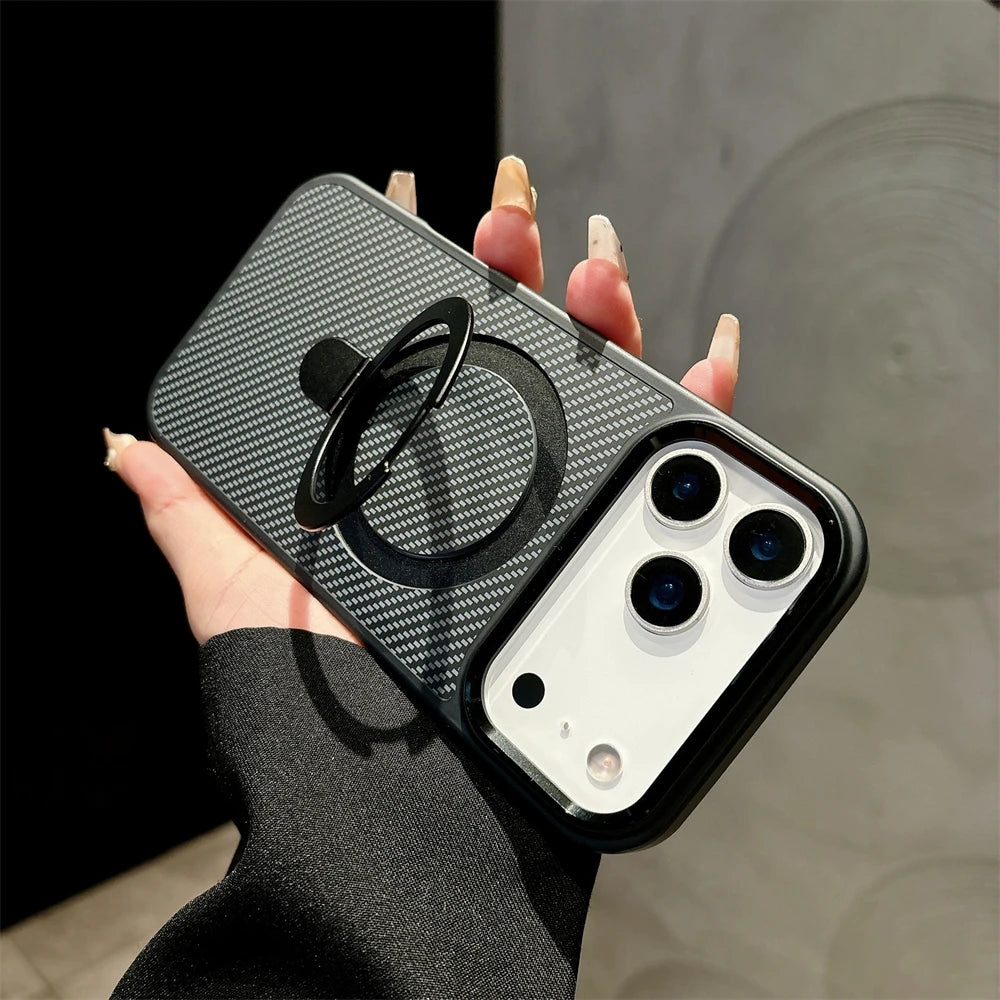 Armor Carbon Fiber Magnetic Bracket Stand Matte Case for iPhone 17 Air 16 15 14 Plus 13 12 11 Pro Max for Magsafe Holder Cover