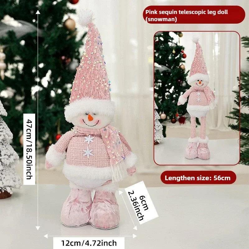 Christmas Adjustable Standing Santa and Snowman Pink Sequin Plush Doll Cute Holiday Decoration for Home Festive Ornament