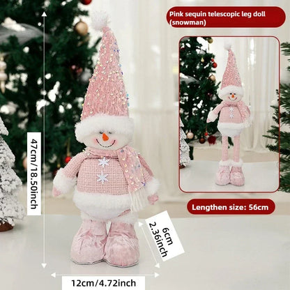 Christmas Adjustable Standing Santa and Snowman Pink Sequin Plush Doll Cute Holiday Decoration for Home Festive Ornament