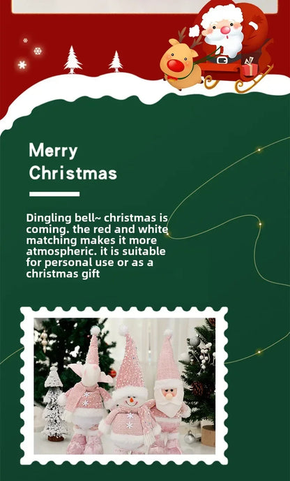 Christmas Adjustable Standing Santa and Snowman Pink Sequin Plush Doll Cute Holiday Decoration for Home Festive Ornament