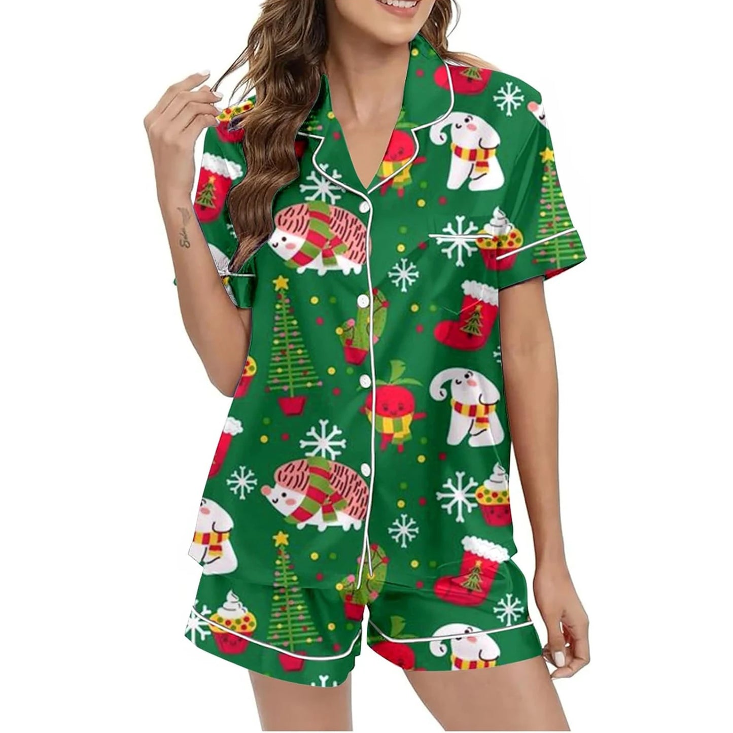 Women Christmas Pajamas Set, Santa Claus Tree Print Short Sleeve Button Closure Shirt with Shorts Sleepwear Loungewear