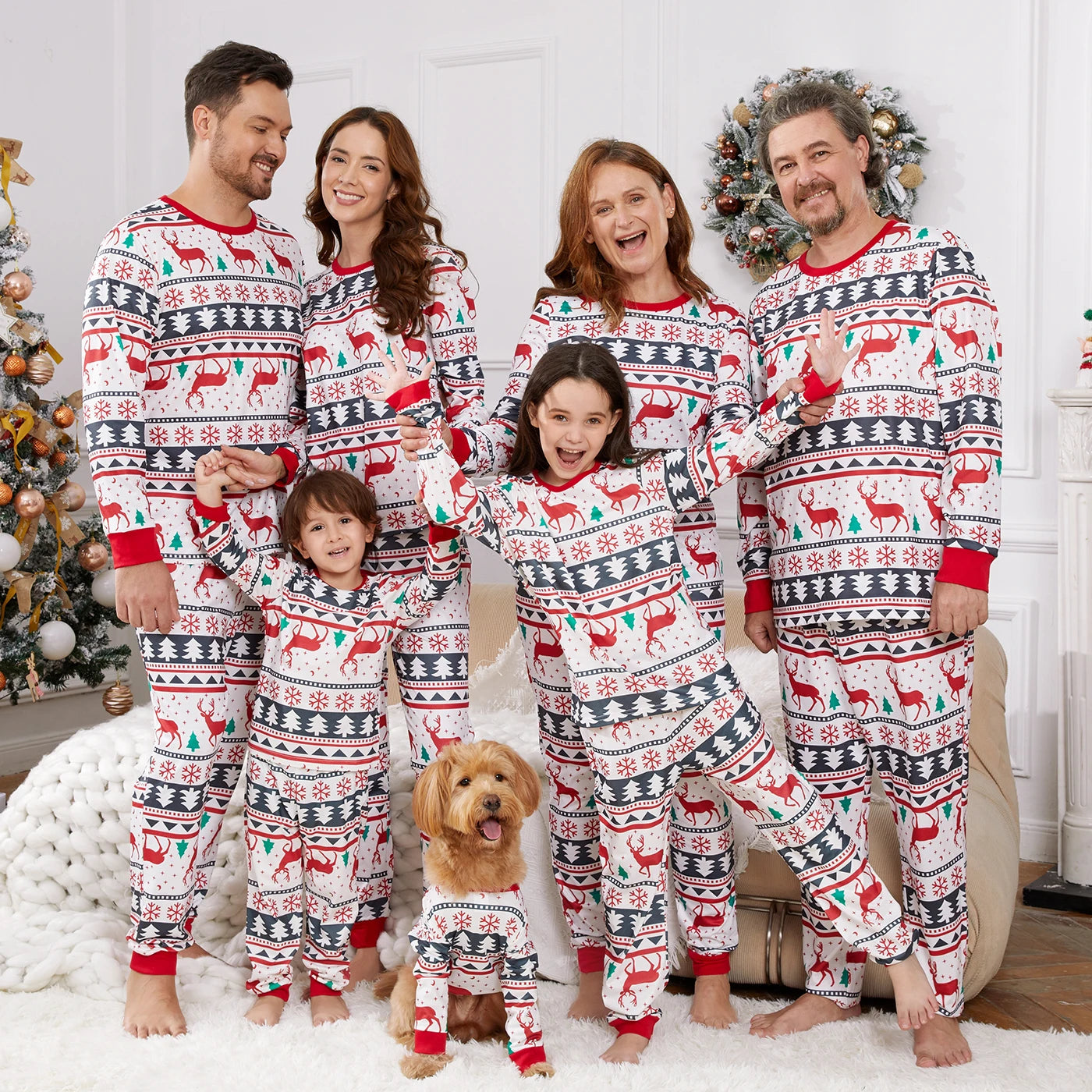 Family Christmas Pajamas Full Body Reindeer Print Long Sleeve Matching Sleepwear Set