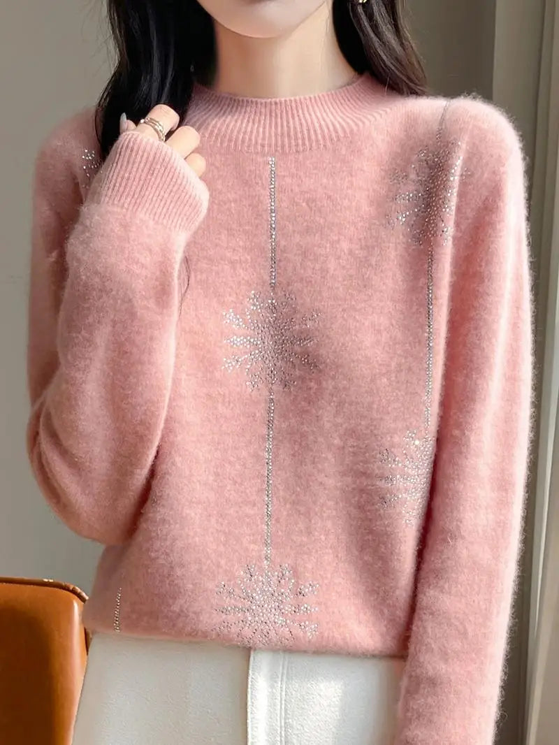 Women Sweater Christmas Style Mock Neck Long Sleeve Autumn Winter Thick Warm Pullovers Knitted Loose Bottoming Shirts Red Jumper