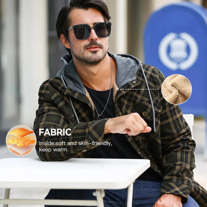 Men's Jackets Winter Hooded Warm Coat Casual Thicken Plaid Work Flannel Snap Sherpa Lined Fleece Clothing US Size