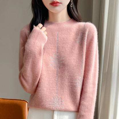Women Sweater Christmas Style Mock Neck Long Sleeve Autumn Winter Thick Warm Pullovers Knitted Loose Bottoming Shirts Red Jumper