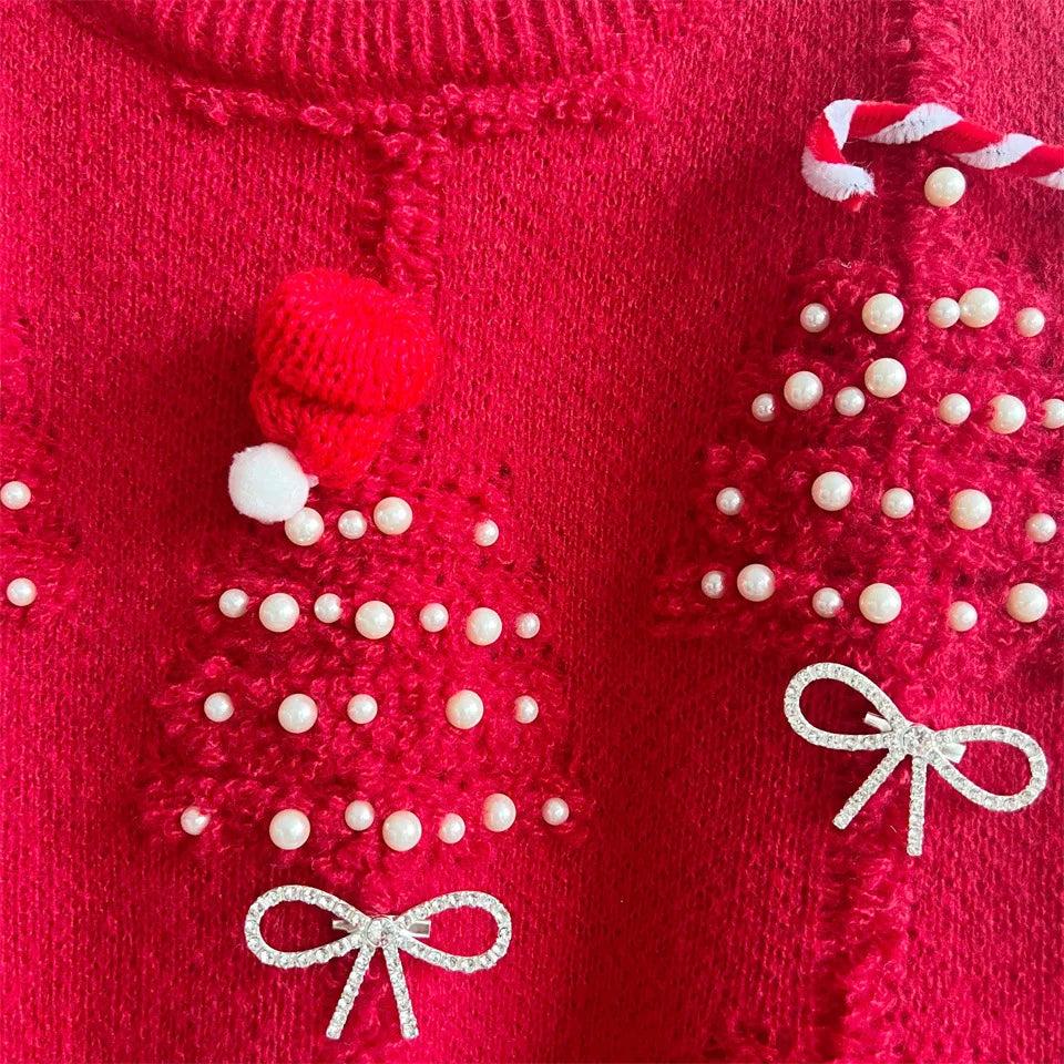 Autumn/Winter Christmas Sweater For Women Bow Nail Bead Red Knitted Pullover Tops American Fashion Jacquard New Year's Jumpers