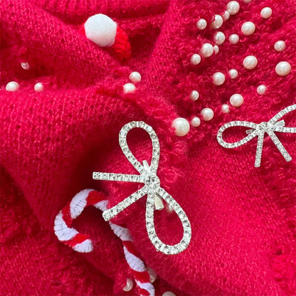Autumn/Winter Christmas Sweater For Women Bow Nail Bead Red Knitted Pullover Tops American Fashion Jacquard New Year's Jumpers