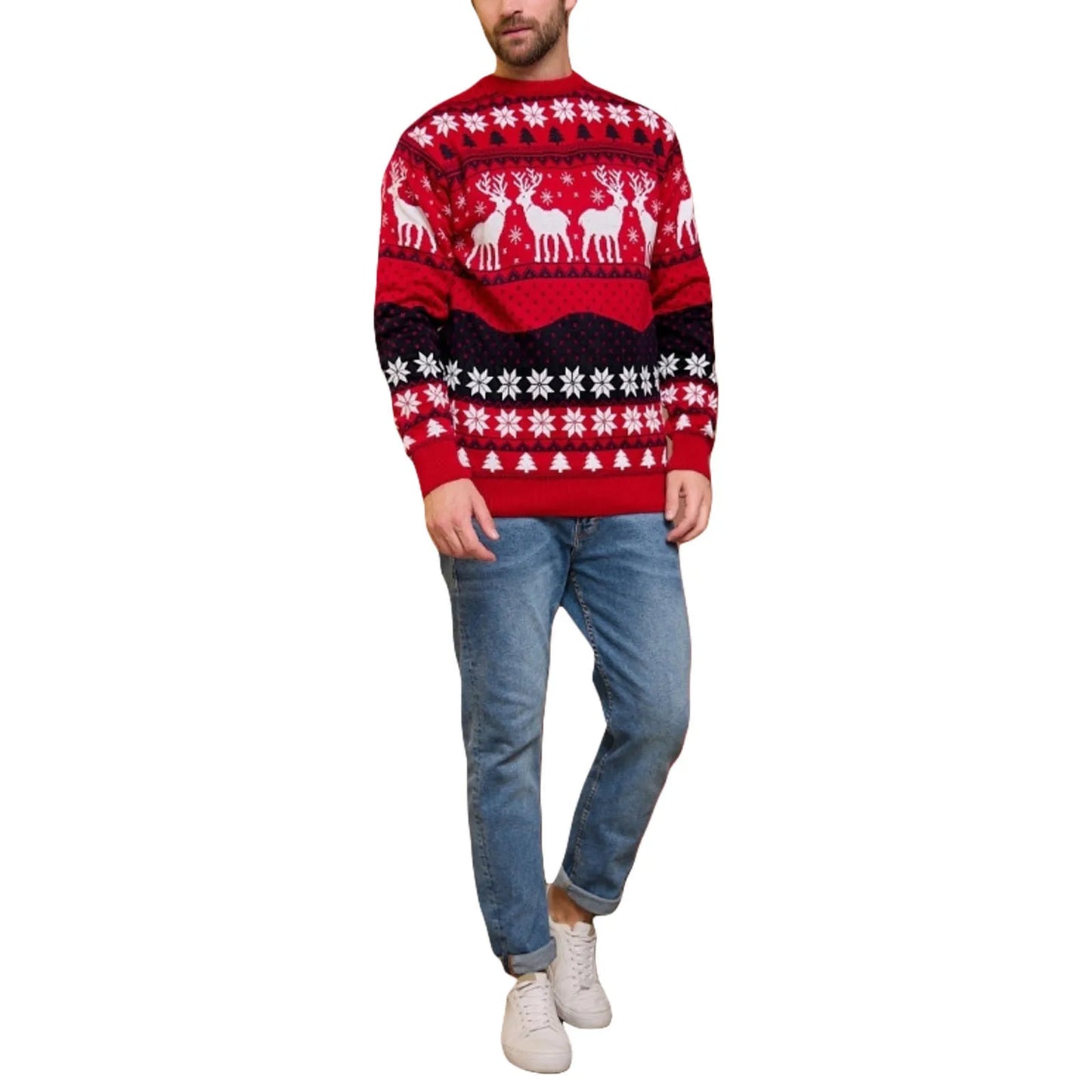 Unisex Christmas Sweater Winter Couple Women Man Long Sleeve Round Neck Reindeer Pattern Classic Fit Knitted Pullovers