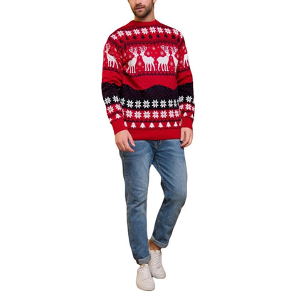 Unisex Christmas Sweater Winter Couple Women Man Long Sleeve Round Neck Reindeer Pattern Classic Fit Knitted Pullovers