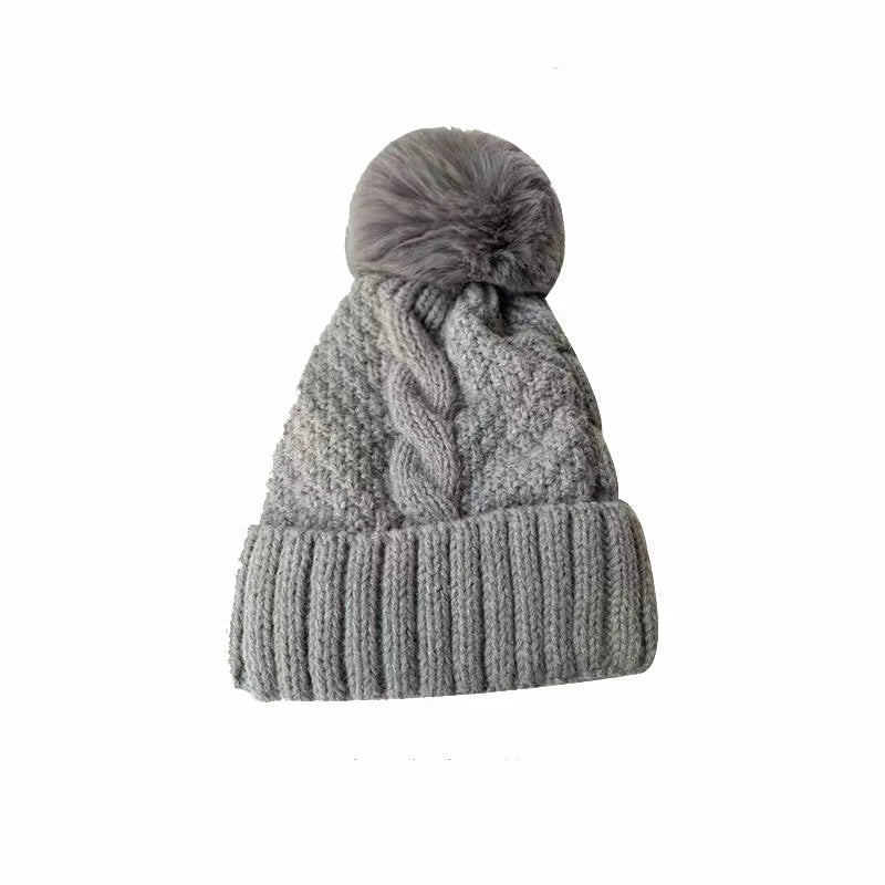 New Winter Twist Knitting Hat For Women Fur Pompom Thick Plush Cap Beanie Solid Color Ladies Warm Ski Snow Skullies Beanies