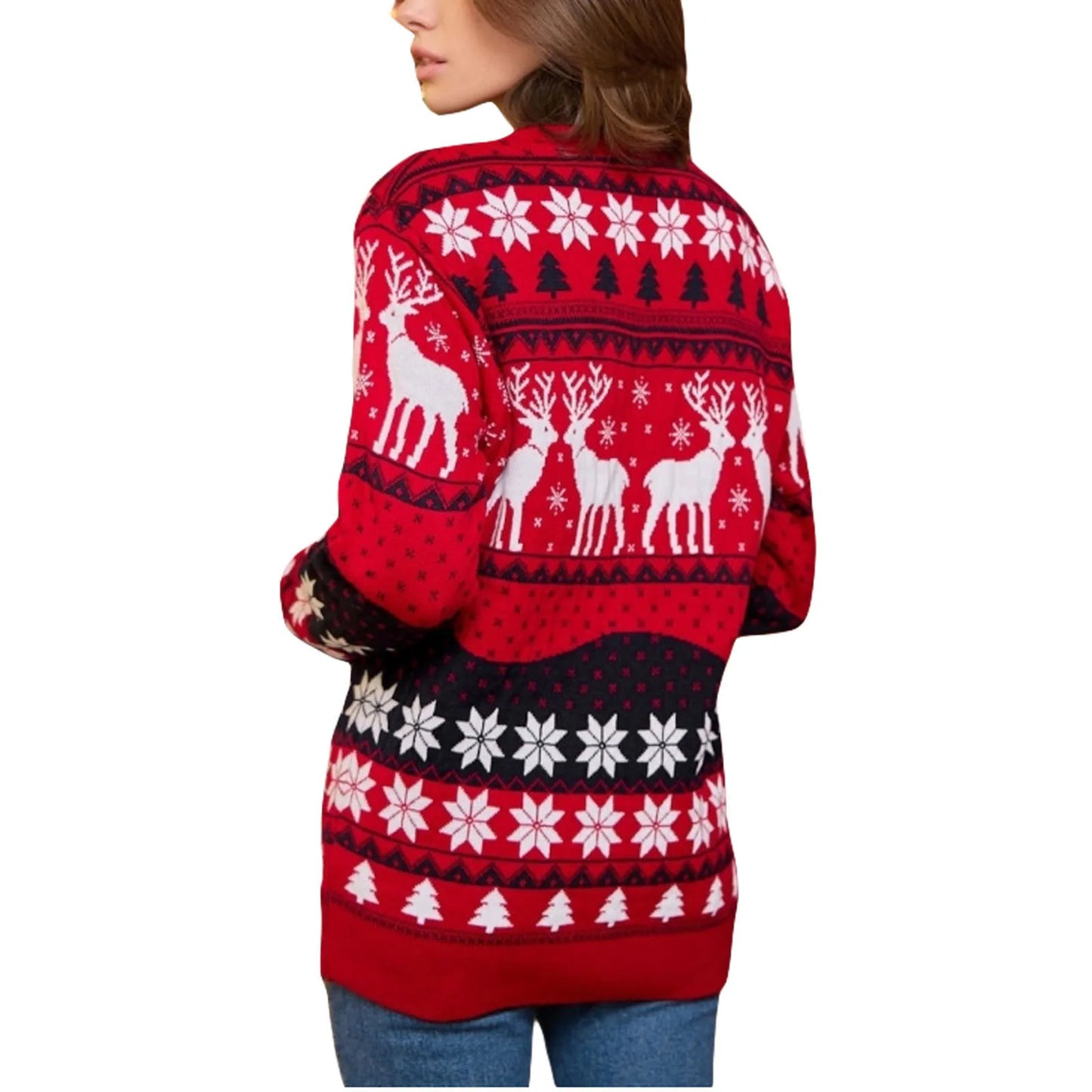 Unisex Christmas Sweater Winter Couple Women Man Long Sleeve Round Neck Reindeer Pattern Classic Fit Knitted Pullovers
