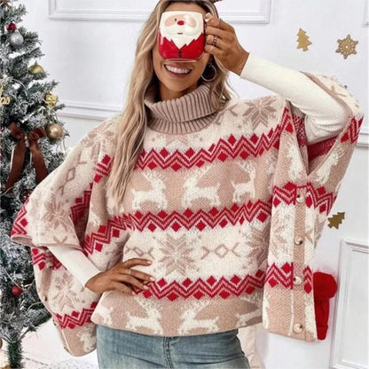 Turtleneck Christmas Sweater Elk Contrast Pattern Bat Sleeve Sweater Winter Clothes Woman Pulls Femmes Comfortable Casual Trendy