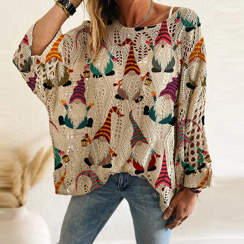 New Santa Claus Snowman Print Sweater Women O Neck Long Sleeve Christmas Sweaters For Women Fashion Hollow Out Knitted Jumper