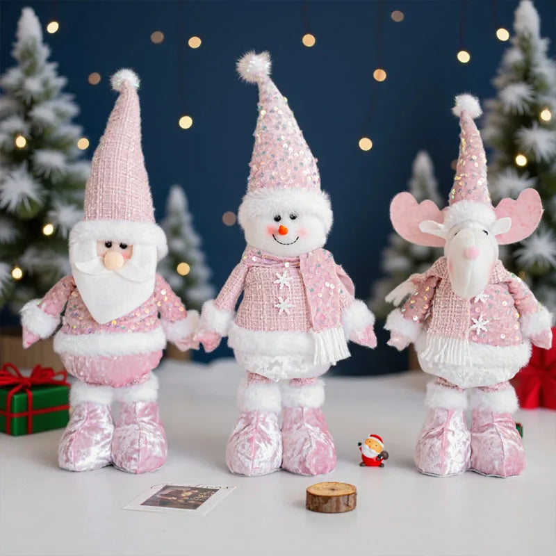 Christmas Adjustable Standing Santa and Snowman Pink Sequin Plush Doll Cute Holiday Decoration for Home Festive Ornament