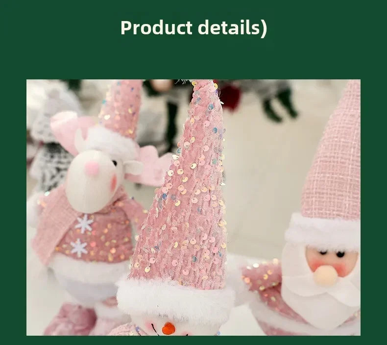 Christmas Adjustable Standing Santa and Snowman Pink Sequin Plush Doll Cute Holiday Decoration for Home Festive Ornament