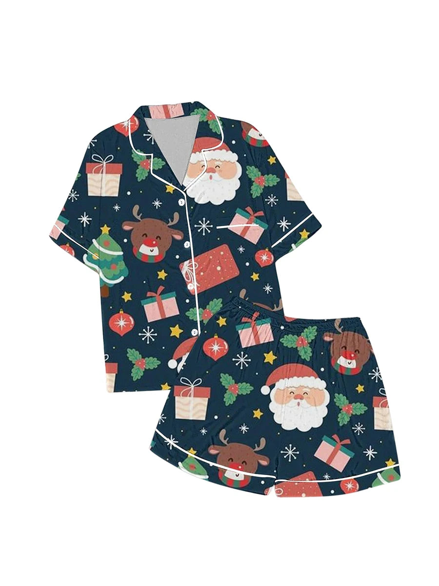 Women Christmas Pajamas Set, Santa Claus Tree Print Short Sleeve Button Closure Shirt with Shorts Sleepwear Loungewear
