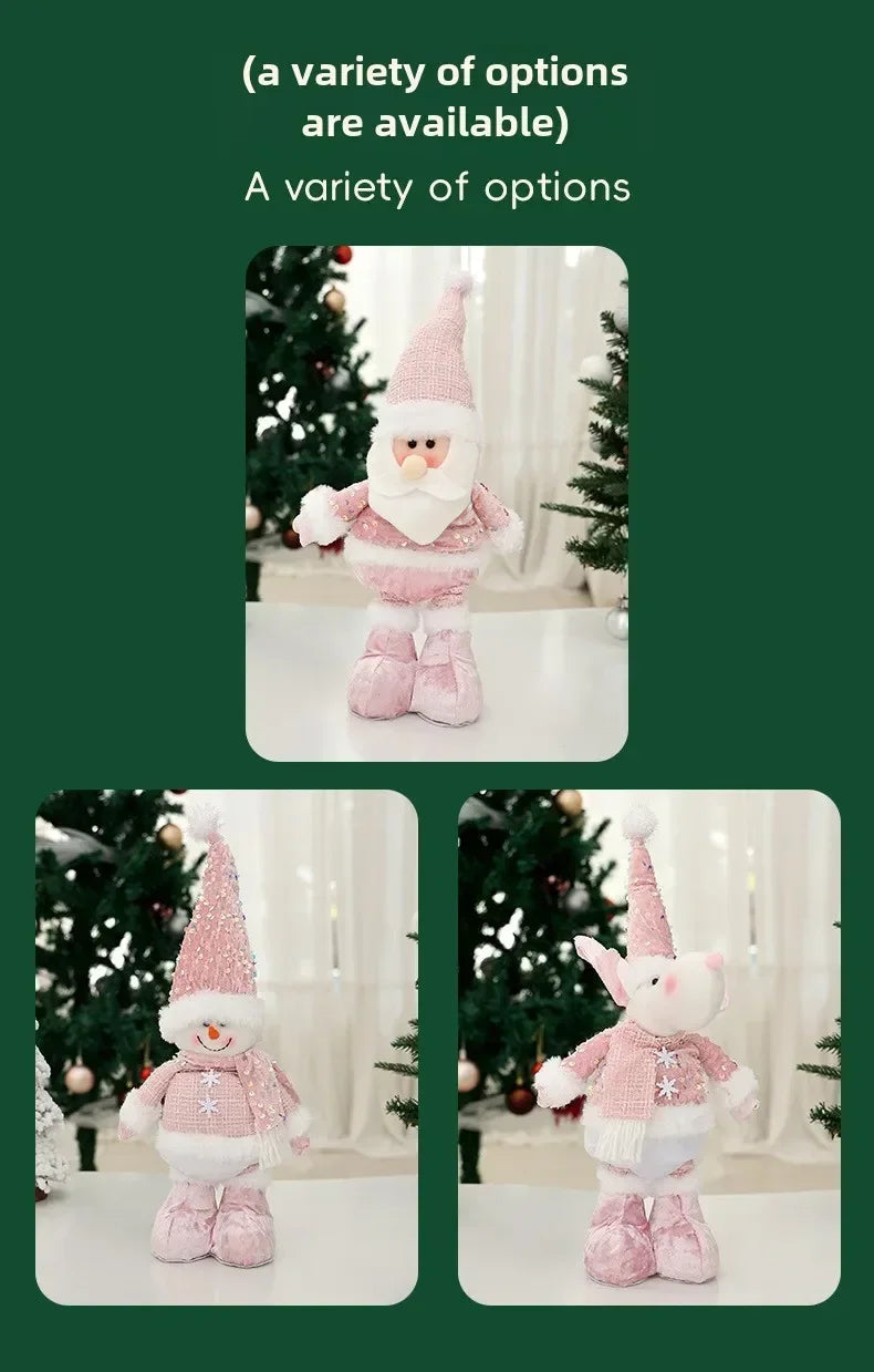 Christmas Adjustable Standing Santa and Snowman Pink Sequin Plush Doll Cute Holiday Decoration for Home Festive Ornament
