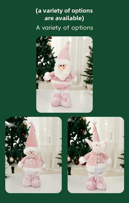 Christmas Adjustable Standing Santa and Snowman Pink Sequin Plush Doll Cute Holiday Decoration for Home Festive Ornament