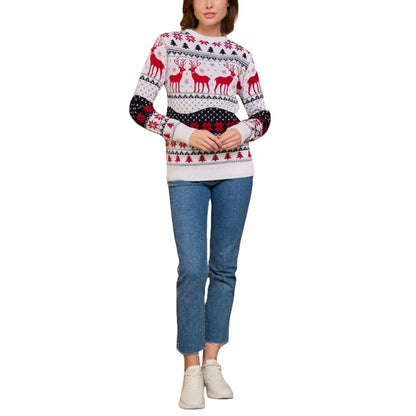 Unisex Christmas Sweater Winter Couple Women Man Long Sleeve Round Neck Reindeer Pattern Classic Fit Knitted Pullovers