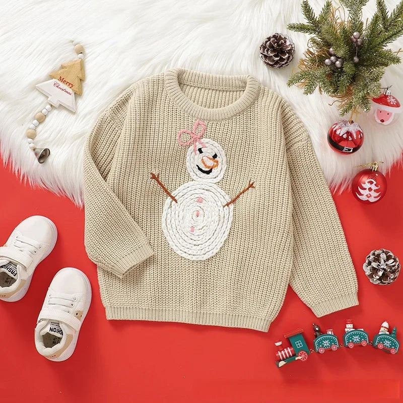Toddler Kids Clothes Christmas Sweater for Girls Hand Embroidered Snowman Pattern Knit Top 3-6Y Kids Boys Festive Winter Outfit