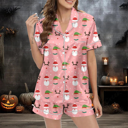 Women Christmas Pajamas Set, Santa Claus Tree Print Short Sleeve Button Closure Shirt with Shorts Sleepwear Loungewear