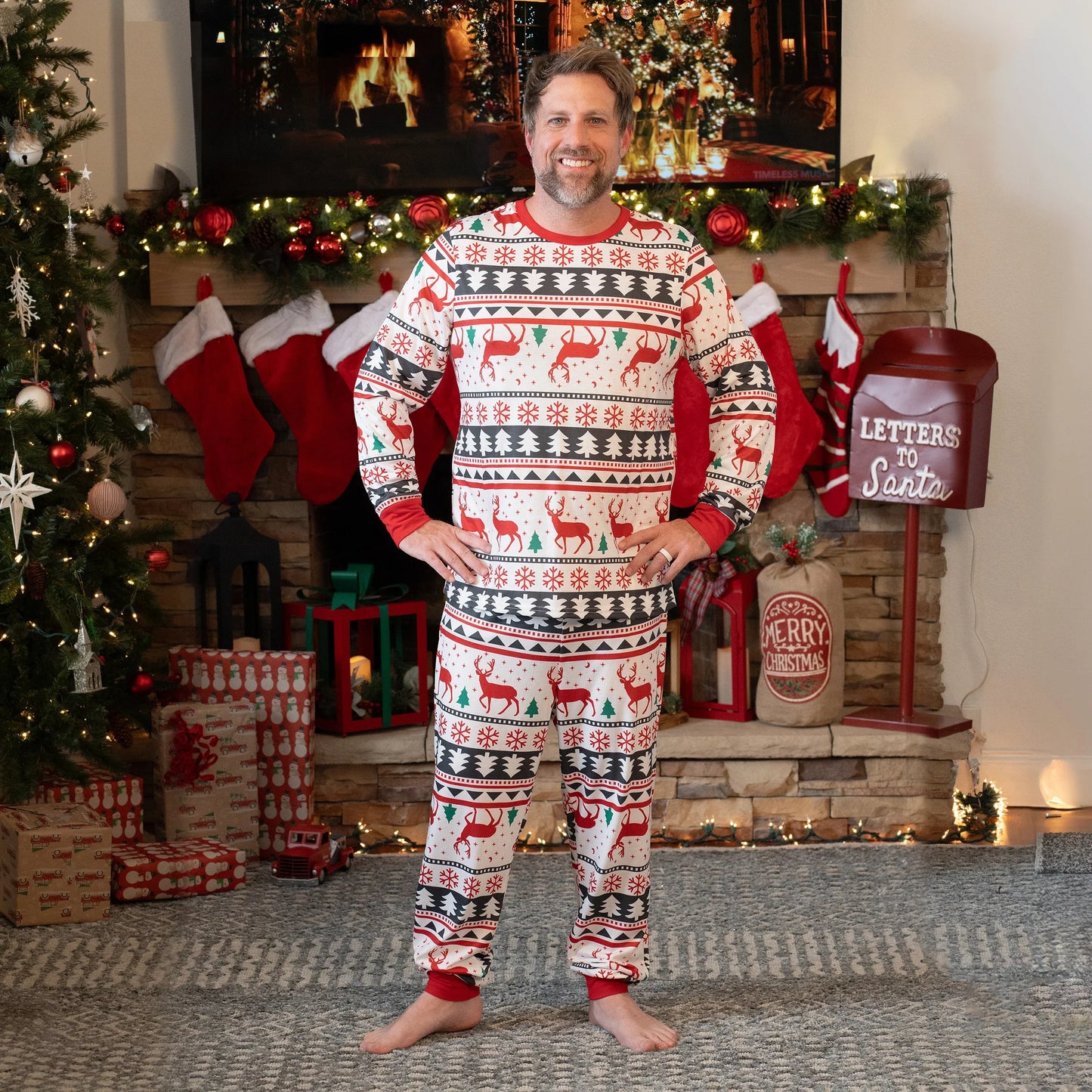 Family Christmas Pajamas Full Body Reindeer Print Long Sleeve Matching Sleepwear Set