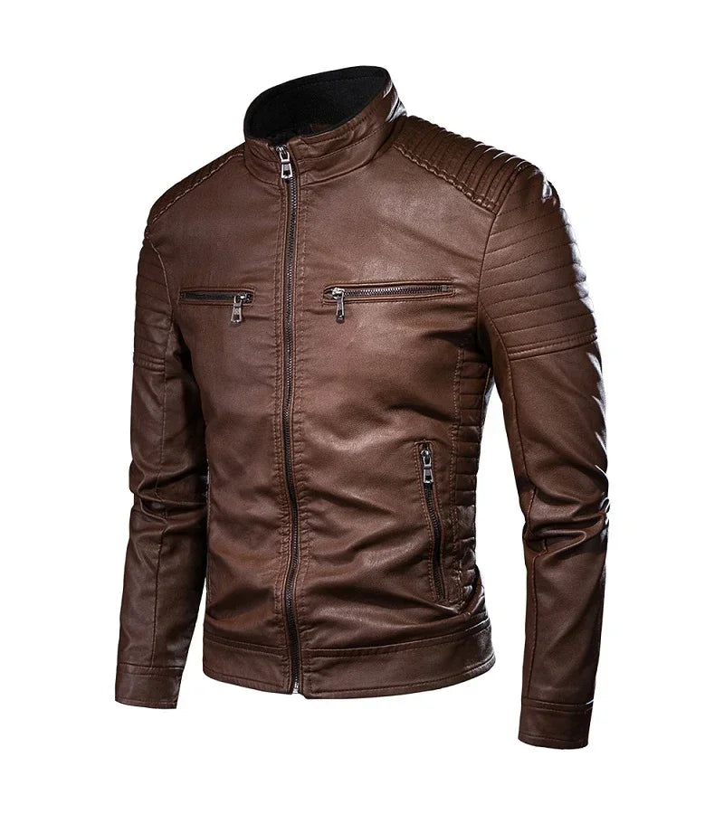 Mens Causal Vintage Leather Jacket Coat Men Thin Spring Autumn Design Motor Biker Pocket PU Leather Jacket Male Motocycle 4XL
